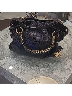 Michael Kors Shimmering Black and Gold Hand Bag Satchel Purse